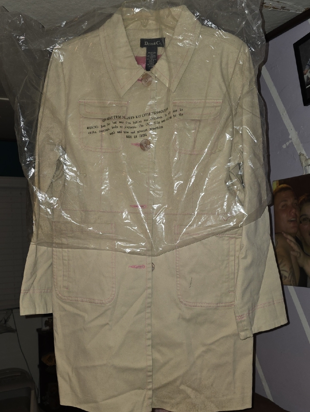 Denim&Co Cream Trench Coat with Pink Topstitching